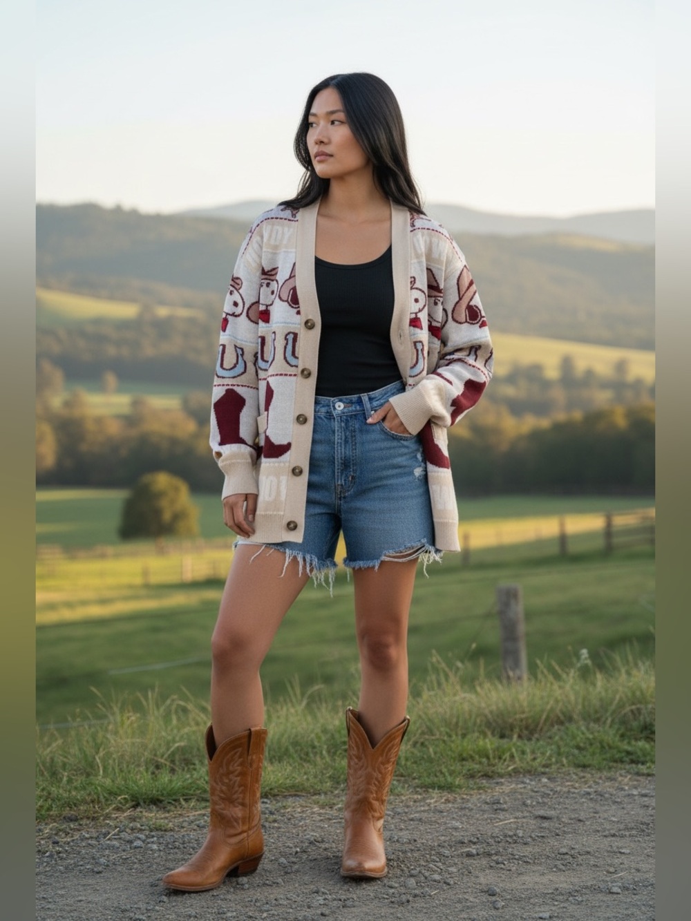 Peanuts Beige & Burgundy Snoopy Cowboy Cardigan-Oversized XS